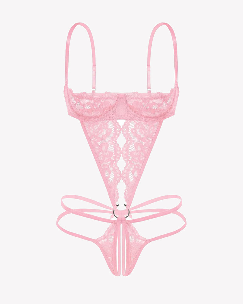 Pink lace underwire deep V teddy bodysuit with strappy tie-front and lace cutouts