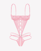 Pink lace underwire deep V teddy bodysuit with strappy tie-front and lace cutouts