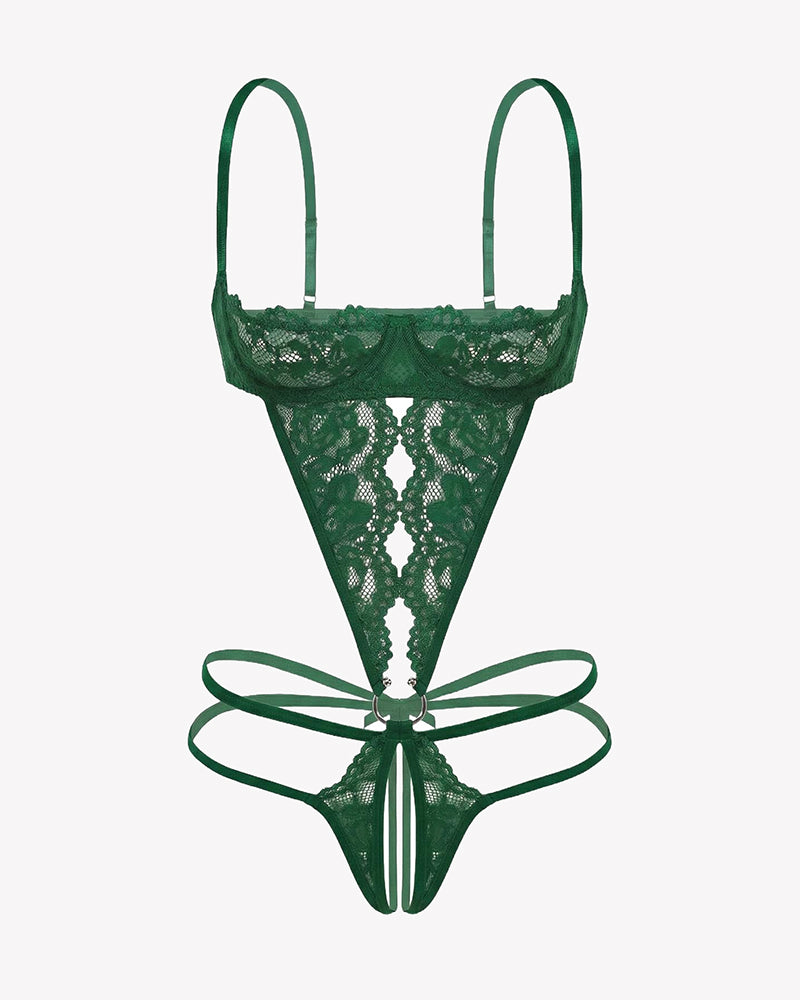 Green lace underwire deep V teddy bodysuit with strappy tie-front and cutout