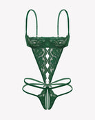 Green lace underwire deep V teddy bodysuit with strappy tie-front and cutout
