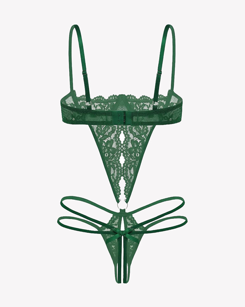 Green lace G-string teddy with lace hem, underwire cups, and ribbon tie straps