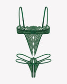 Green lace G-string teddy with lace hem, underwire cups, and ribbon tie straps