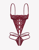 Dark red lace deep V teddy with underwire cups and ribbon tie strap detail