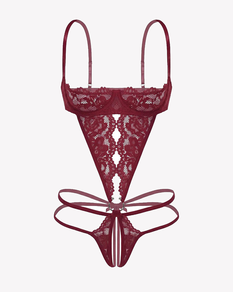 Dark red lace deep V teddy with underwire cups and ribbon tie strap detail