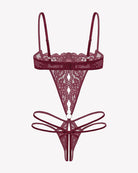 Dark red lace underwire teddy with deep V front and ribbon tie strap detail