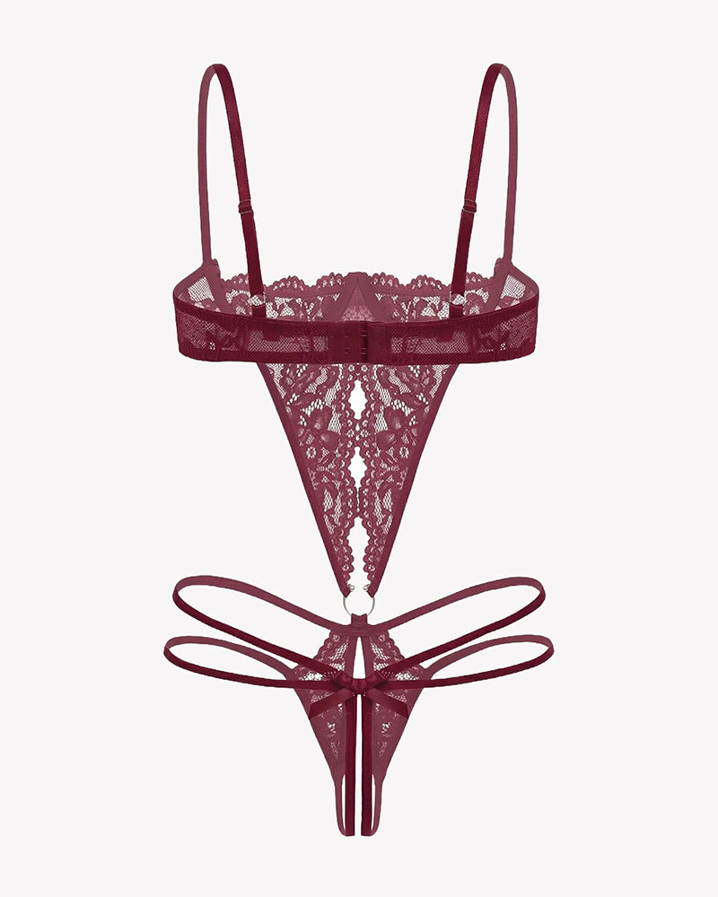 Dark red lace underwire teddy with deep V front and ribbon tie strap detail