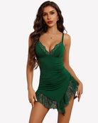 Ruched mini dress in dark green with lace V-neck and lace ruffle hem, spaghetti straps