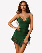 Green ruched mini bodycon dress with lace V-neck bodice and scalloped lace hem