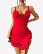 Ruched mini dress in red with lace V-neck and lace ruffle hem, spaghetti straps