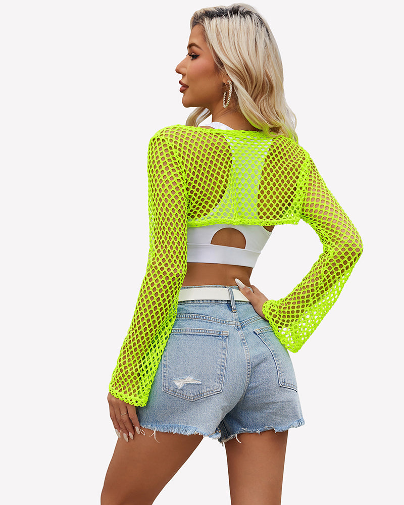 Neon green fishnet long-sleeve crop top with open back cutout
