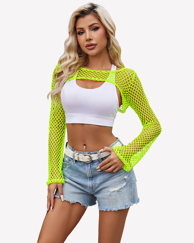 Neon green fishnet long-sleeve crop top over a white bandeau