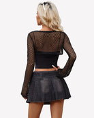 Black fishnet long-sleeve crop top, open back and scoop neckline