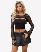 Black fishnet long-sleeve crop top with off-shoulder neckline and front cutout