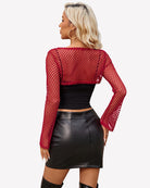 Dark red fishnet long-sleeve crop top, open back with scalloped hem