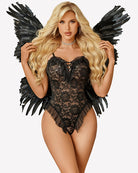 Black lace bodysuit with tie-front bow, sweetheart neckline, and scalloped hem