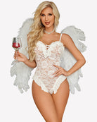 White lace bodysuit teddy with deep V bodice and ruffled trim