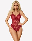 Wine red lace bodysuit with ruffled cups, bow detail, and scalloped trim