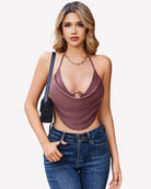 Wine red halter going-out top with deep V neckline and open back tie