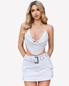 White halter going-out top with deep V neckline and open back tie
