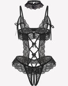 Floral lace V-neck bodysuit teddy, black, sheer lace with lace-up garter bows
