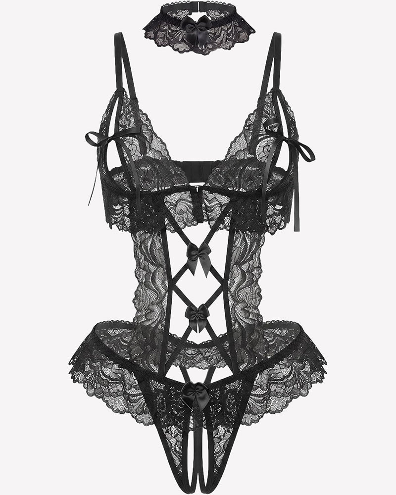 Floral lace V-neck bodysuit teddy, black, sheer lace with lace-up garter bows