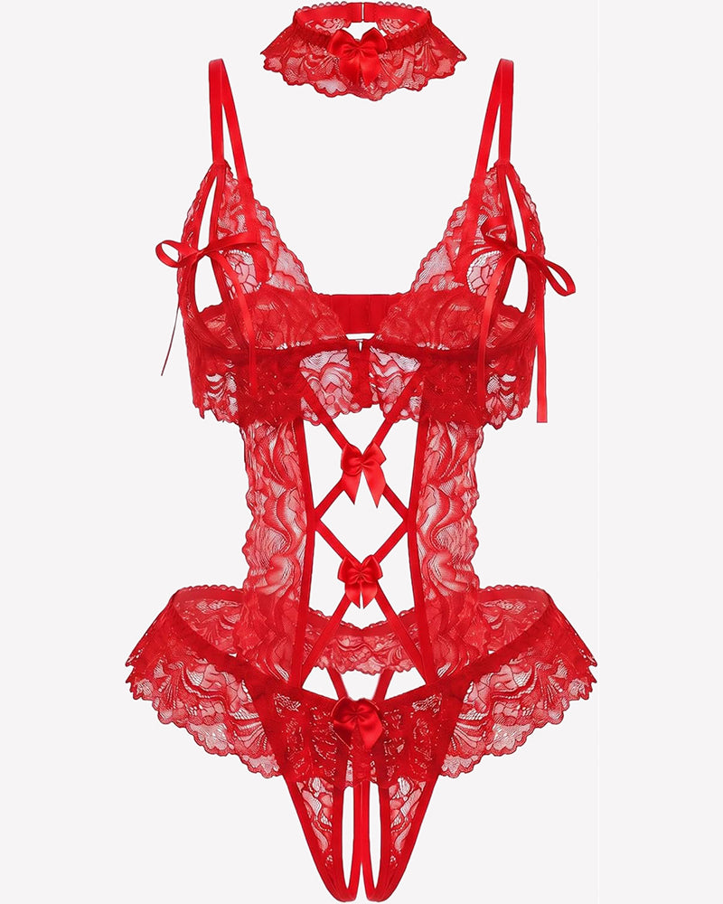 Floral lace V-neck bodysuit teddy, red, sheer lace with lace-up garter bows