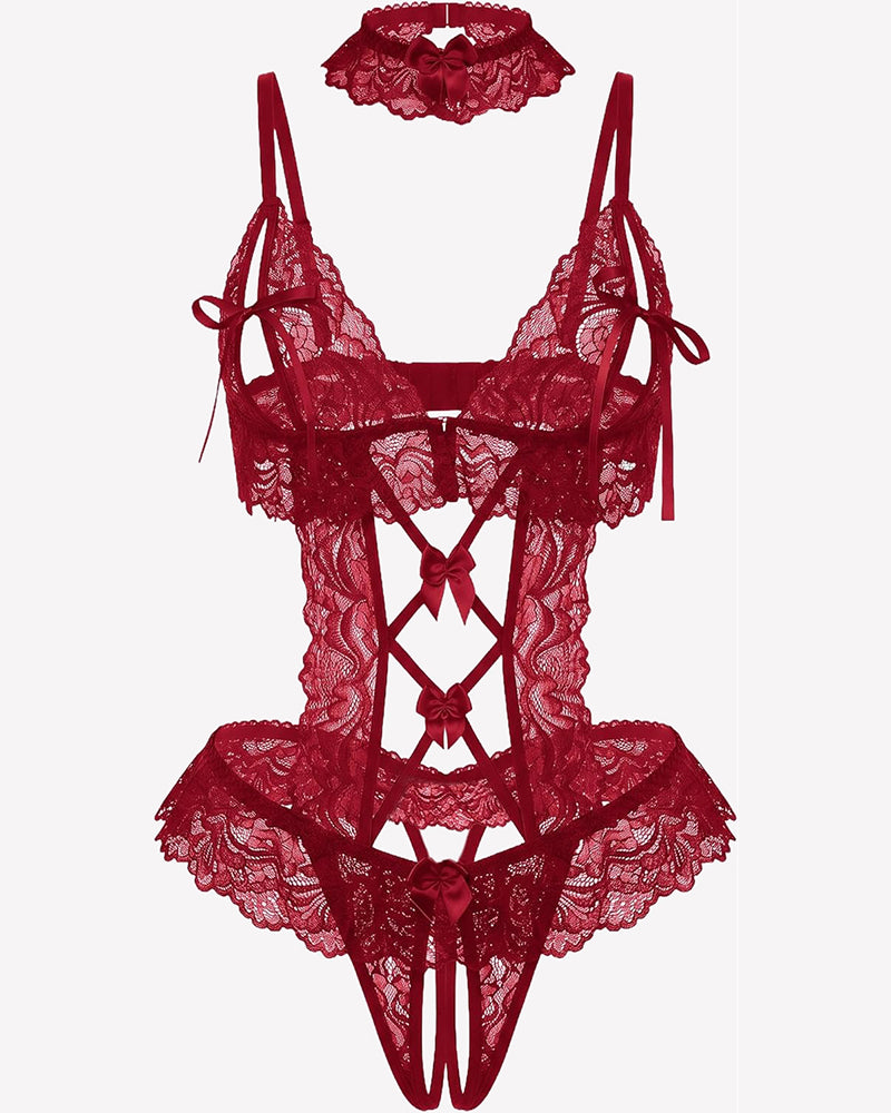 Wine red lace teddy with V-neck cups, garter straps, and lace-up front detail