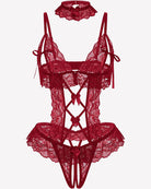 Wine red lace teddy with V-neck cups, garter straps, and lace-up front detail