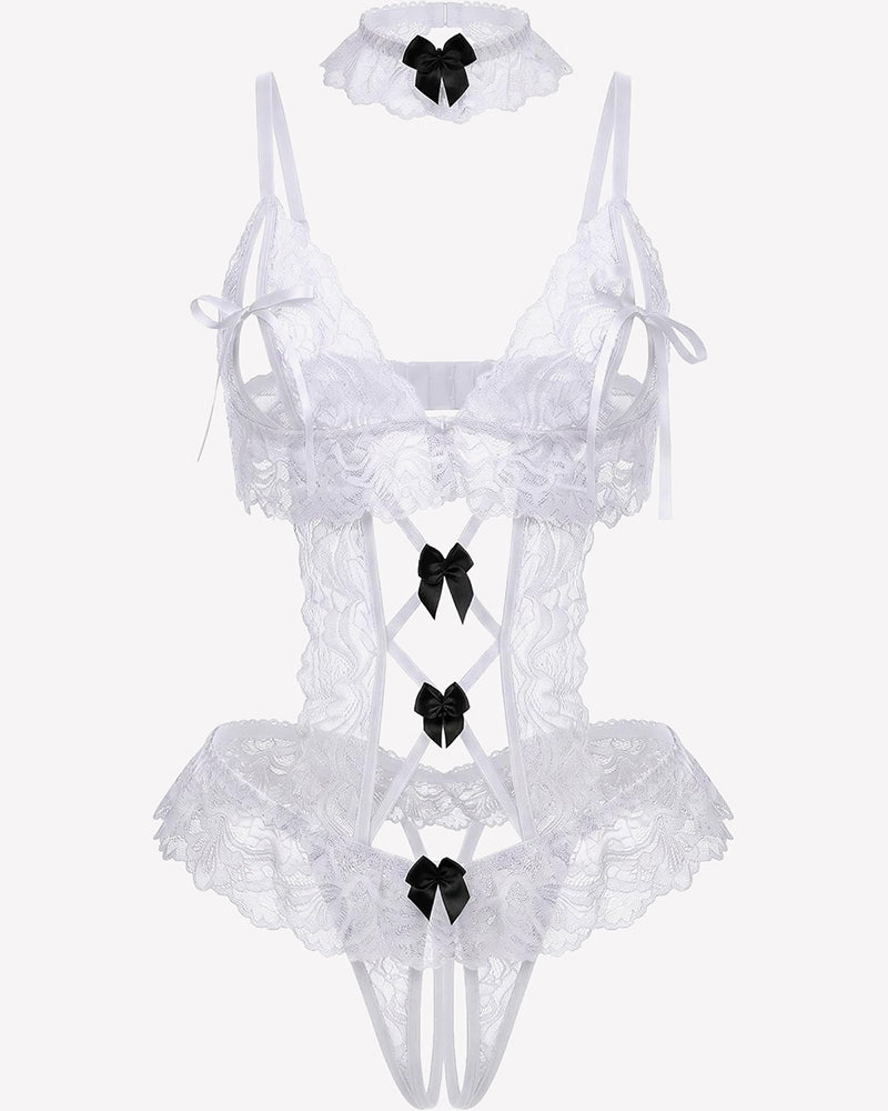 Floral lace V-neck bodysuit teddy, white, lace-up garter straps with bows