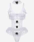 Floral lace V-neck bodysuit teddy, white, lace-up garter straps with bows