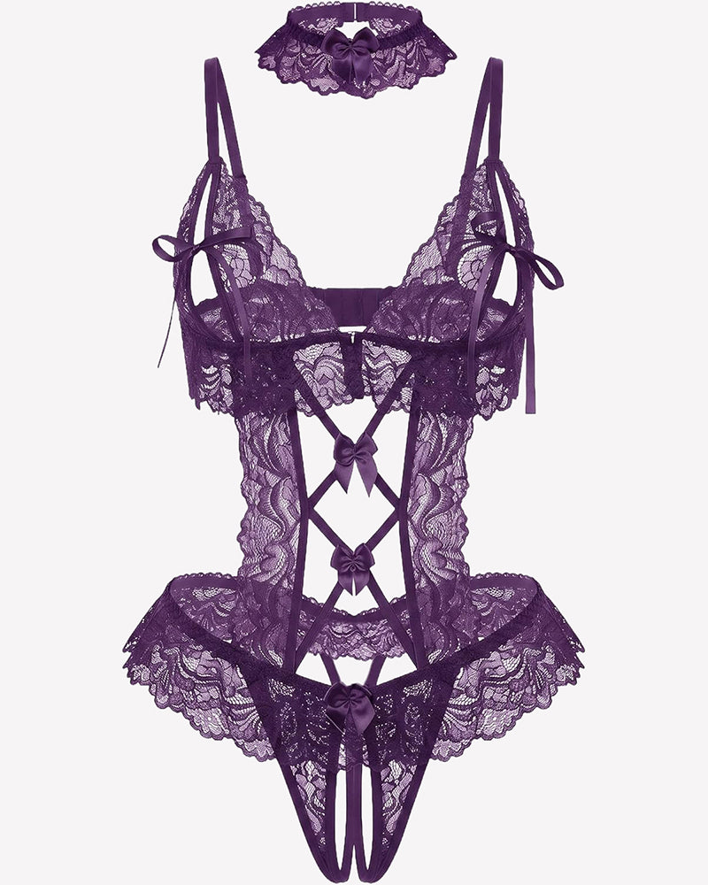 Purple lace teddy with lace-up panel, garter straps, and scalloped leg trim