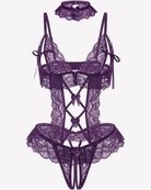 Purple lace teddy with lace-up panel, garter straps, and scalloped leg trim