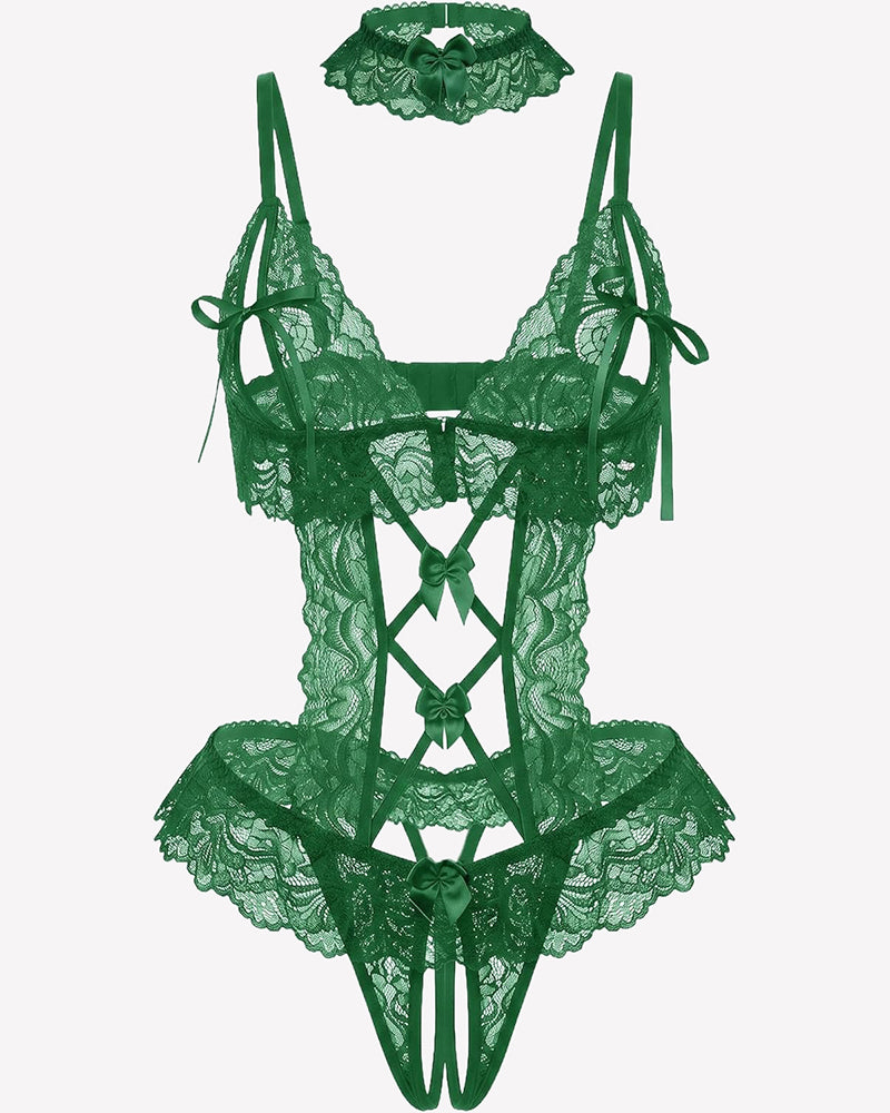 Green lace teddy with V-neck cups, garter straps, and lace-up front detail