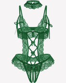 Green lace teddy with V-neck cups, garter straps, and lace-up front detail