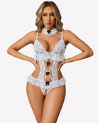 Floral lace V-neck bodysuit teddy, white, sheer with bow garter details