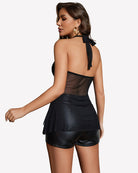 Black halter V-neck sheer mesh top, open back with neck tie and ruffle hem