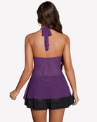 Purple halter V-neck sheer mesh top, open back with neck tie and ruffled hem