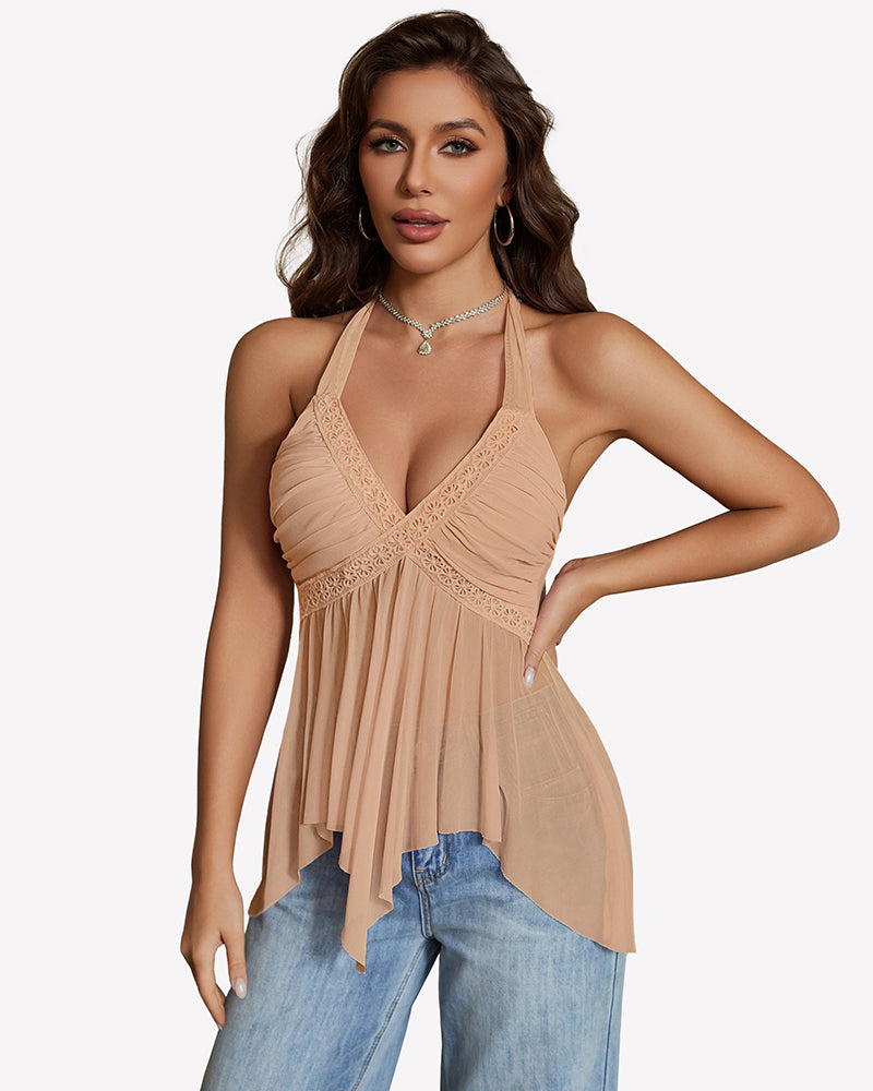 Light tan halter V-neck sheer mesh babydoll top with lace trim and ruffled swing hem