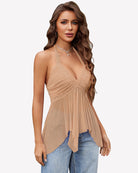 Light tan halter V-neck sheer mesh babydoll top with lace trim and draped ruffle hem
