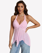Light pink halter V-neck sheer mesh babydoll top with lace trim and flowy ruffled hem