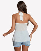 White halter V-neck sheer mesh top, open back with bow tie
