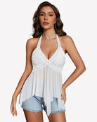 White halter V-neck sheer mesh peplum top with lace trim