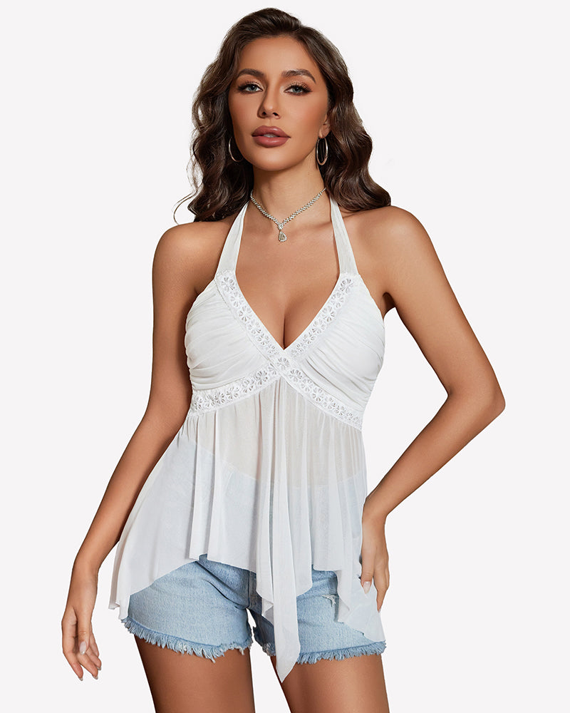 White halter V-neck sheer mesh peplum top with lace trim