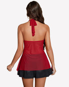 Wine red halter V-neck sheer mesh top, open back with tie