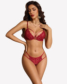 Burgundy sheer lace underwire push-up bra and matching panty set with strappy sides