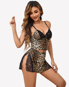 Leopard-print pajama set with lace V-neck cami and slit shorts