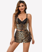 Leopard modal pajama set with lace-trim V-neck cami and elastic waist shorts