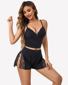 Black modal pajama set with lace-trim V-neck cami and slit shorts