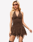 Brown halter backless mini dress with V-neck and ruched tiered asymmetric skirt