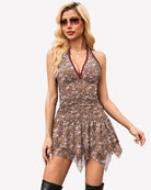Brown paisley halter mini dress with deep V neckline, ruched waist, layered asym skirt